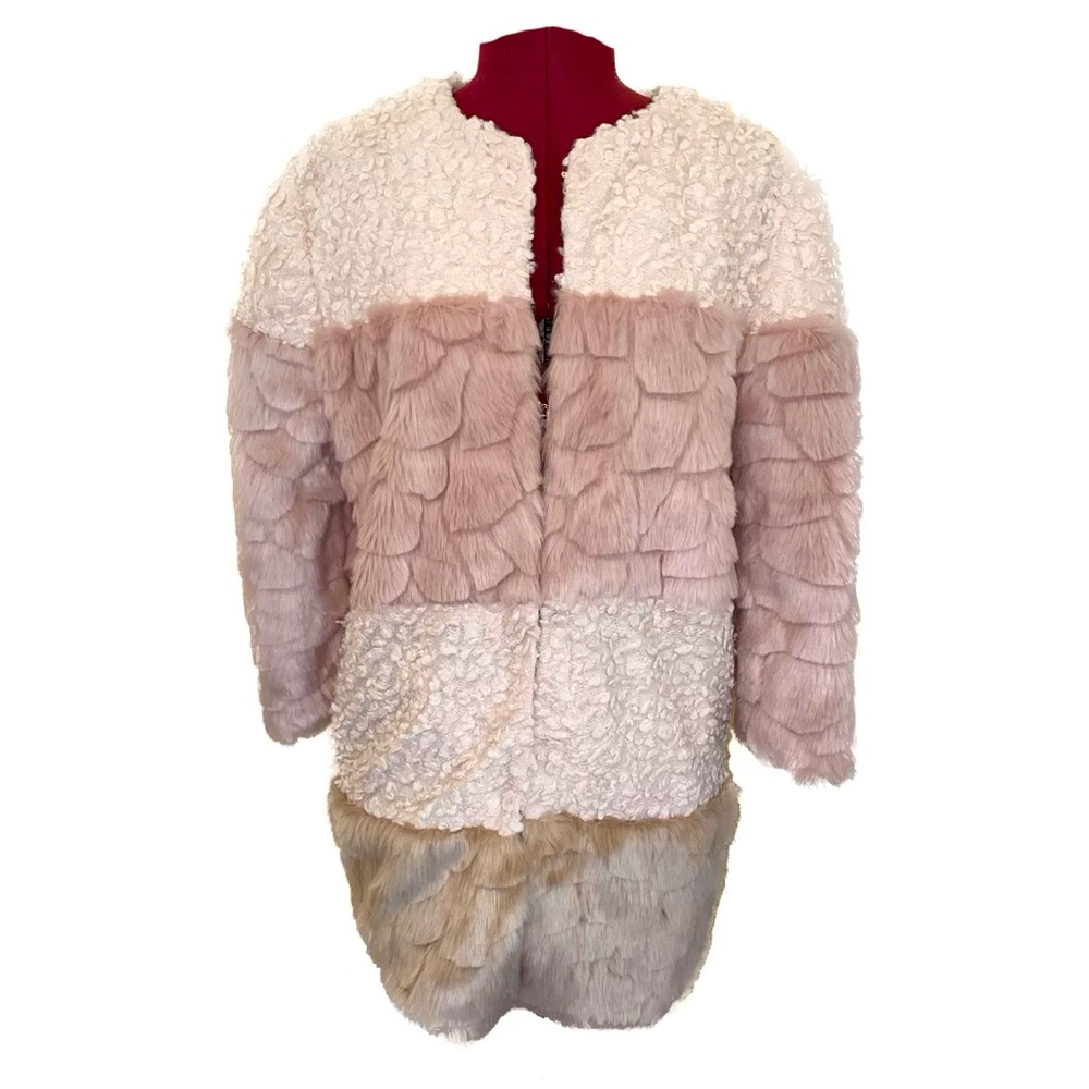 Endless Rose jacket, faux fur cream blush pink and mauve color block,size medium